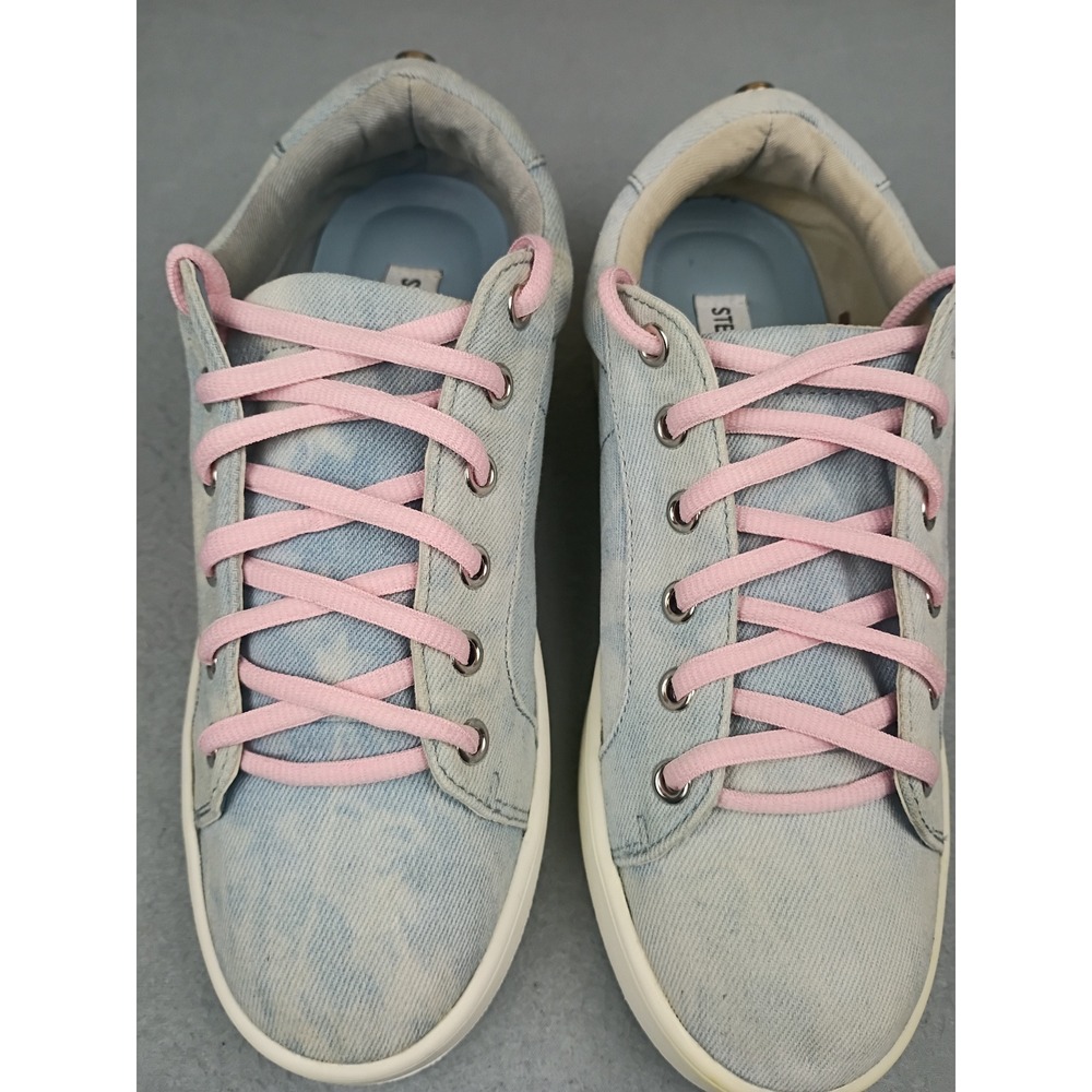 Steve Madden Berte Light Wash Denim Platform Sneakers Pink Laces Womens 7.5 M